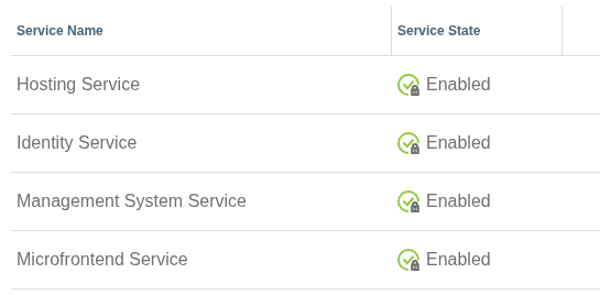 Core services, each shown with a lock icon and an Enabled state