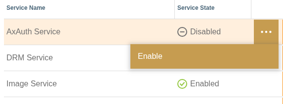 Managed service row with the inline actions menu open, showing the Enable action