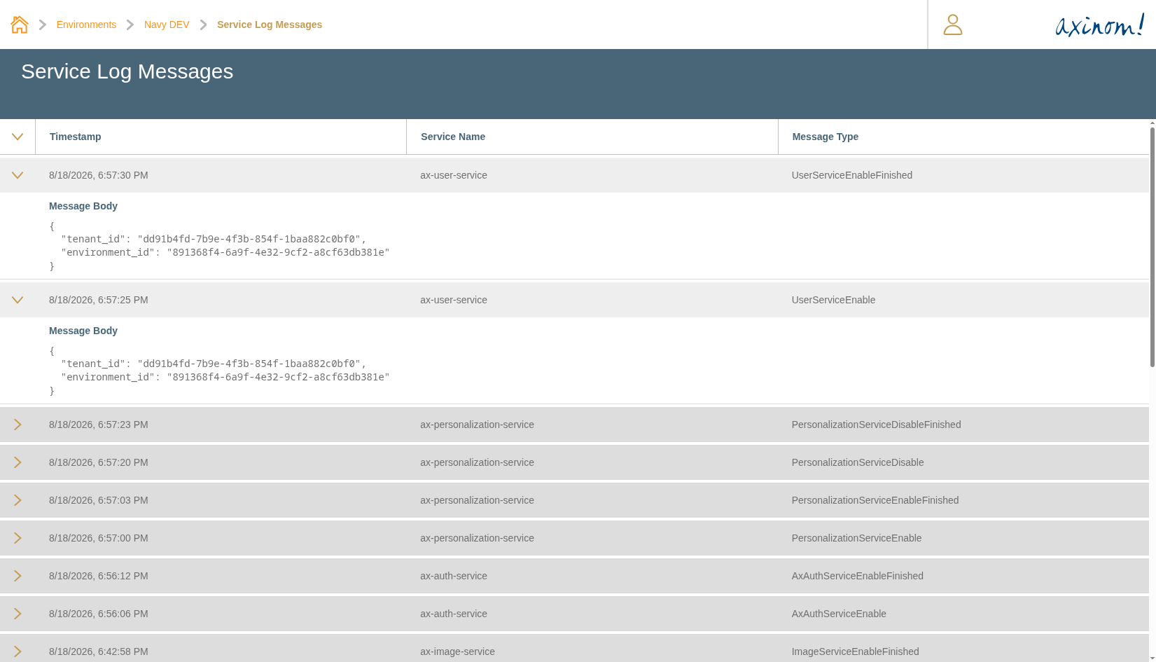 Service Log Messages station listing broker messages for the environment